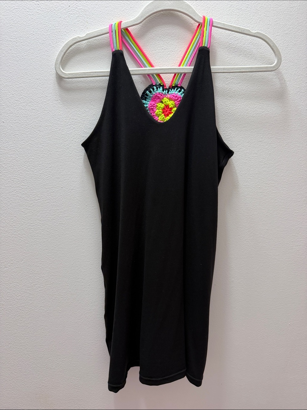 Peixoto Black Dress with Neon Pink, Lime and Aqua Crochet Accents